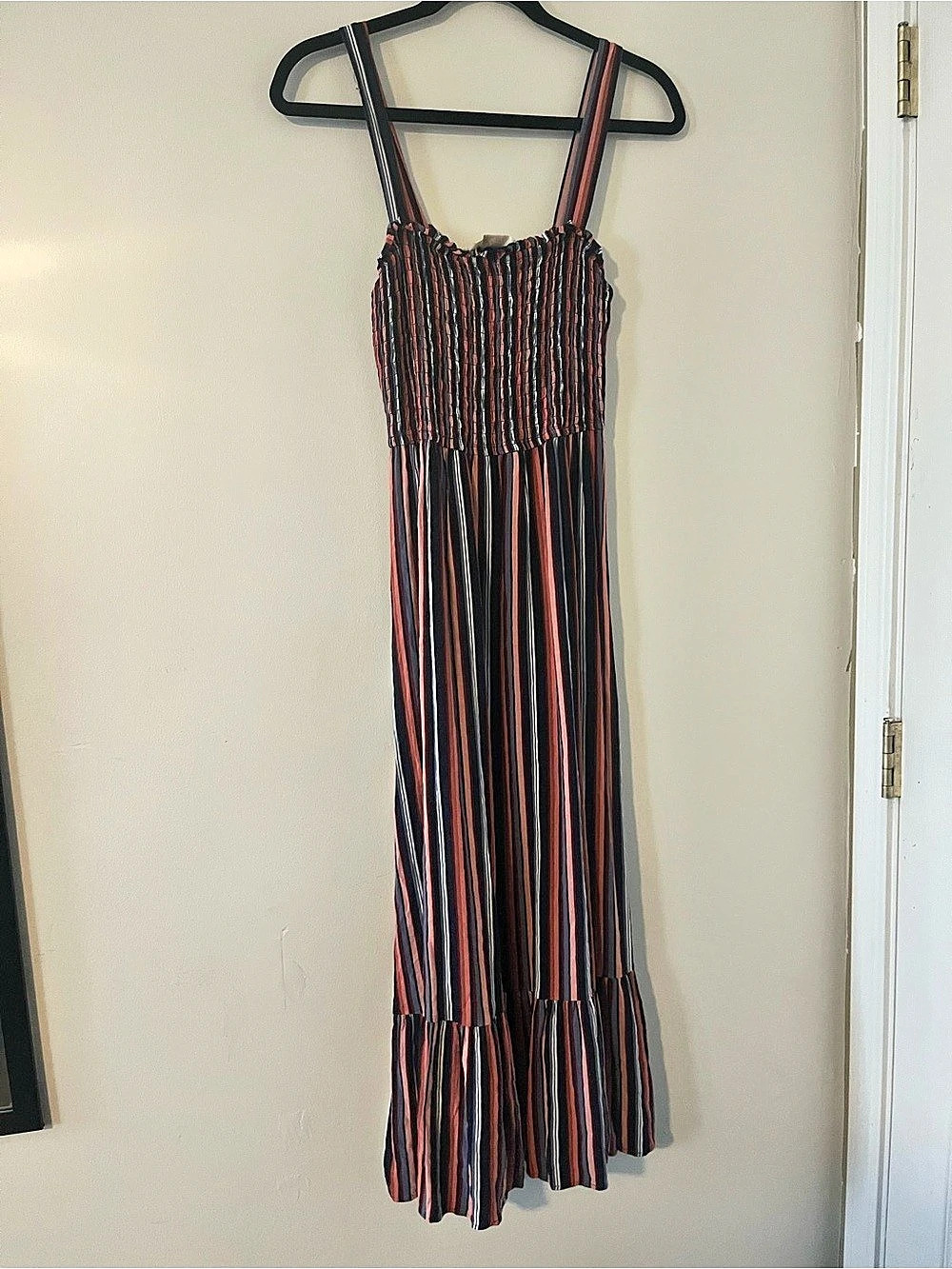 Universal Thread Red Blue Striped Smocked Maxi Dress Small Western Fall Earthy
